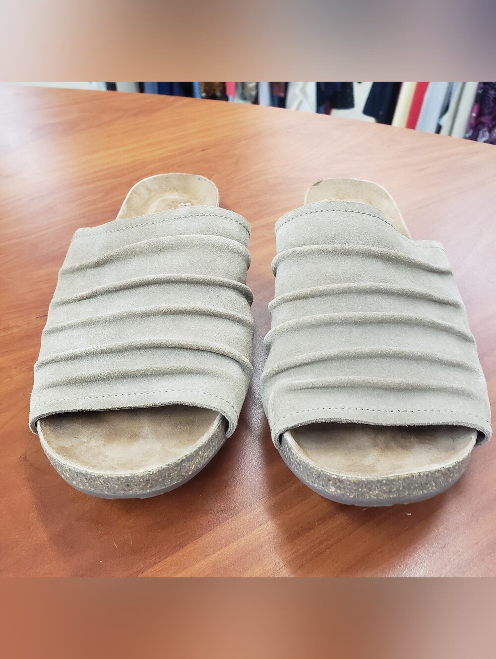 Chocolat Blu Khaki Suede Mules With Ruched Details